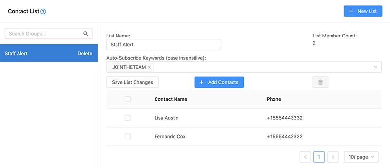Screenshot of Contact lists screen